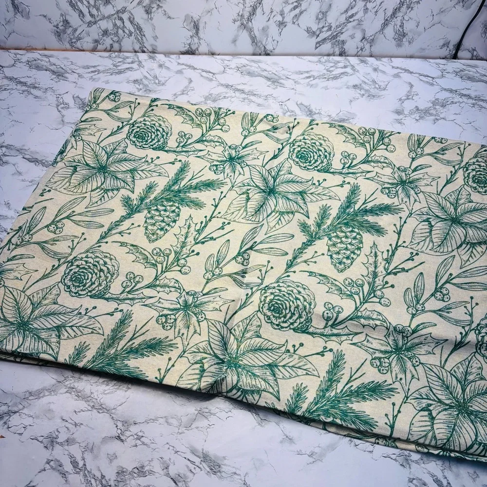 Floral Green Metallic Pinecone Poinsettia Dining Cloth Linen